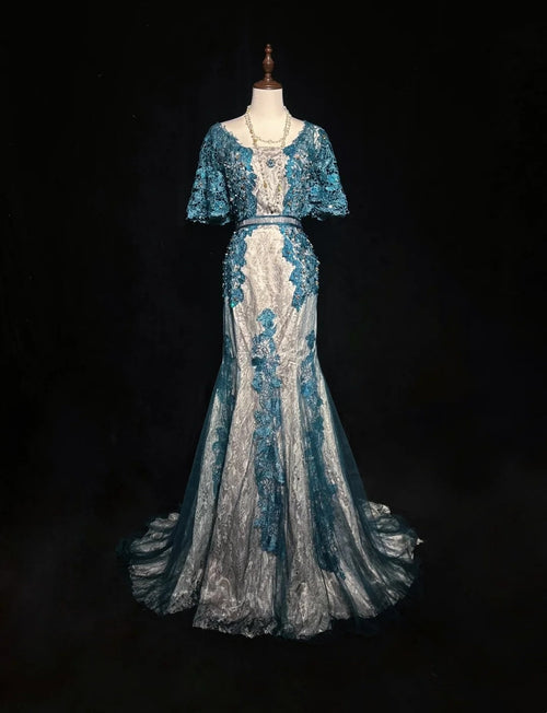 Vintage Prom Dresses Inspo Mermaid Lace Blue Tulle Lace 80s With Appliqued Formal Gowns N3366