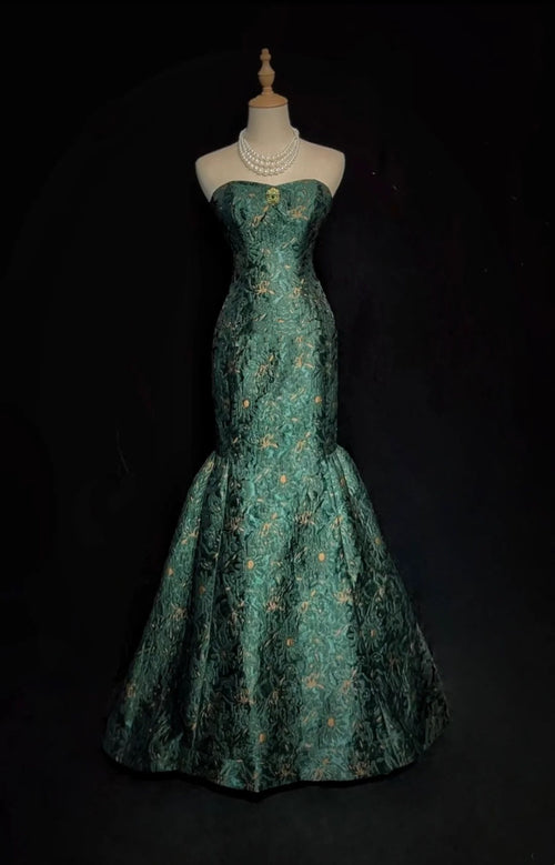 Classy Prom Dresses Mermaid Sweetheart Dark Green Floor Length Lace Satin Formal Evening Dress N3707