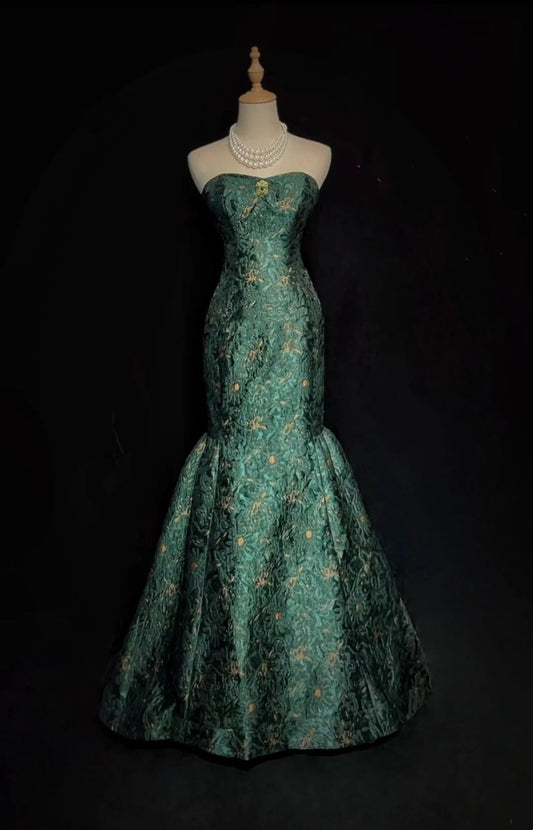 Classy Prom Dresses Mermaid Sweetheart Dark Green Floor Length Lace Satin Formal Evening Dress N3707