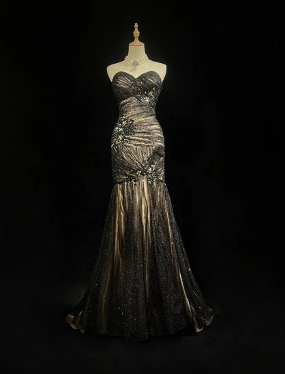 Charming Prom Dresses Mermaid Sweetheart Tulle Black Tie Dress With Beaded Long Formal Evening Outfits N3701