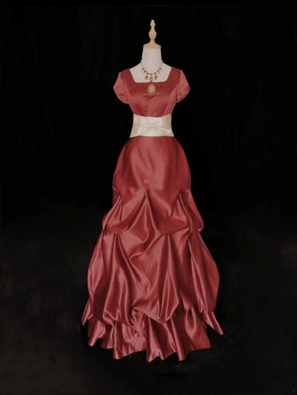 Vintage Prom Dresses 80s Ball Gown Square Neck Rust Red Satin Short Sleeves With Ruffled Semi Formal Evening Outfits N3625