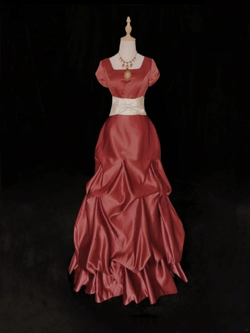 Vintage Prom Dresses 80s Ball Gown Square Neck Rust Red Satin Short Sleeves With Ruffled Semi Formal Evening Outfits N3625