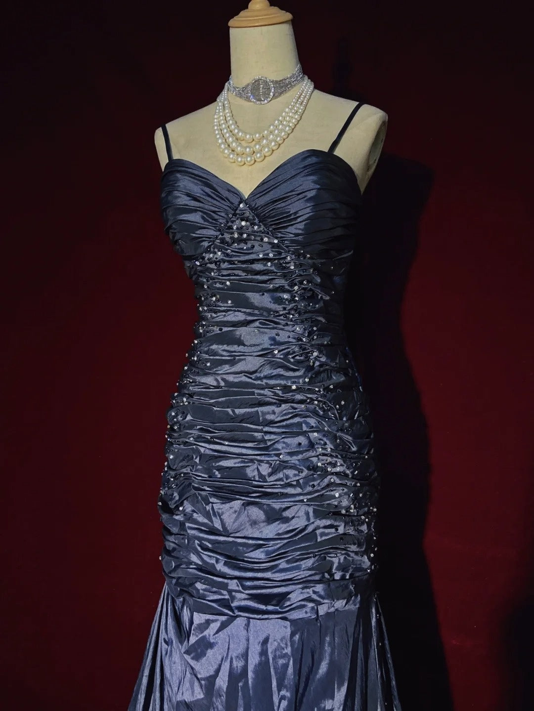 Modest Prom Dresses Mermaid Spaghetti Strap Dark Navy Blue Sleeveless Long Formal Evening Outfits N3626