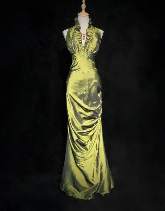 Vintage Prom Dresses 2000s Mermaid Halter V Neck Green Satin With Ruffled Beading Long Prom Gown N3094