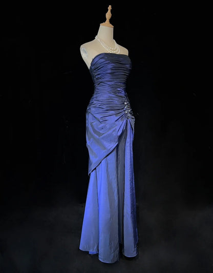 Vintage Prom Dresses 90s Mermaid Strapless Navy Blue Taffeta With Beading Long Semi Formal Evening Dress N3669