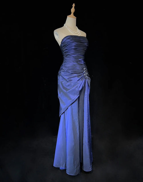 Vintage Prom Dresses 90s Mermaid Strapless Navy Blue Taffeta With Beading Long Semi Formal Evening Dress N3669