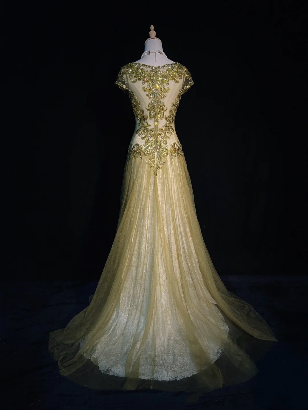 Vintage Prom Dresses 90s Mermaid Jewel Neck Gold Tulle With Beading Long Semi Formal Evening Dress N3674