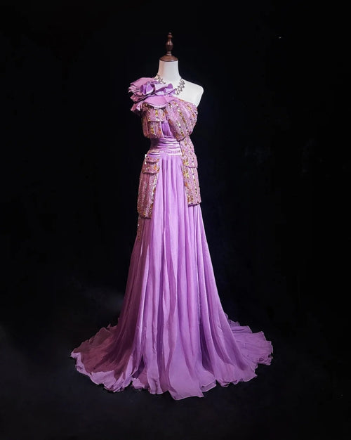 Vintage Prom Dresses Inspo A Line One Shoulder Lilac Chiffon 1990s With Beading Formal Gowns N3324