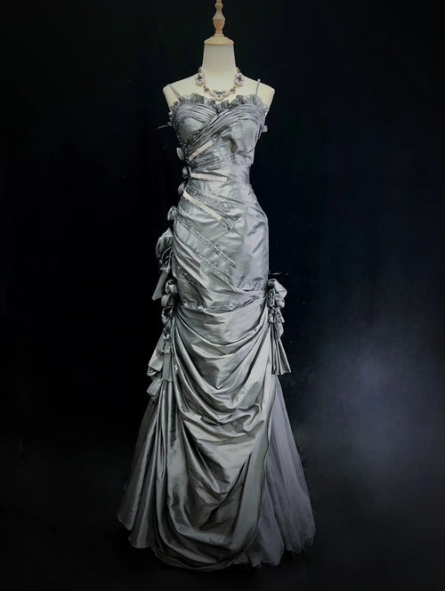 Modest Prom Dresses Mermaid Spaghetti Strap Grey Satin With 3D Flowers Formal Outfits N3653