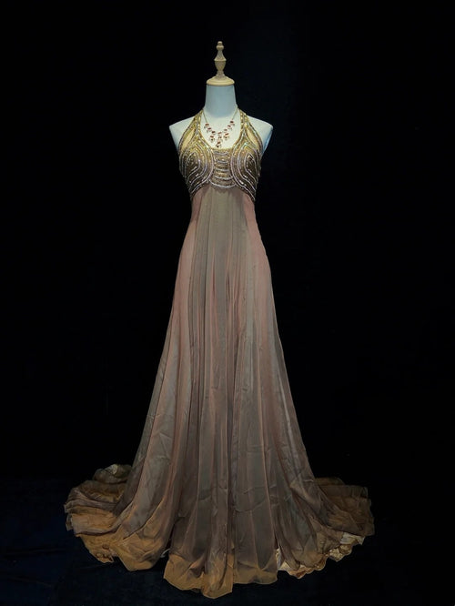Vintage Prom Dresses 80s A line Halter Brown Chiffon With Beading Semi Formal Evening Outfits N3633
