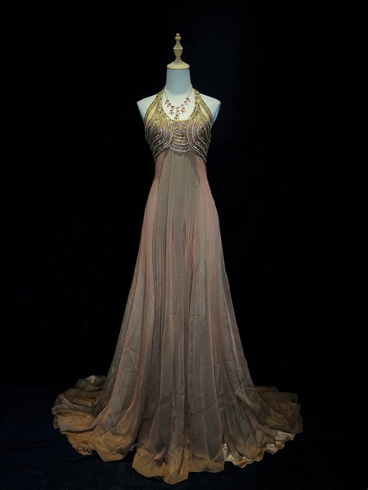 Vintage Prom Dresses 80s A line Halter Brown Chiffon With Beading Semi Formal Evening Outfits N3633