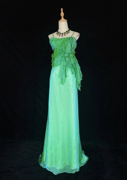 Beautiful Prom Dresses A Line Spaghetti Strap Green Chiffon With Ruffle Long Evening Outfits N3331