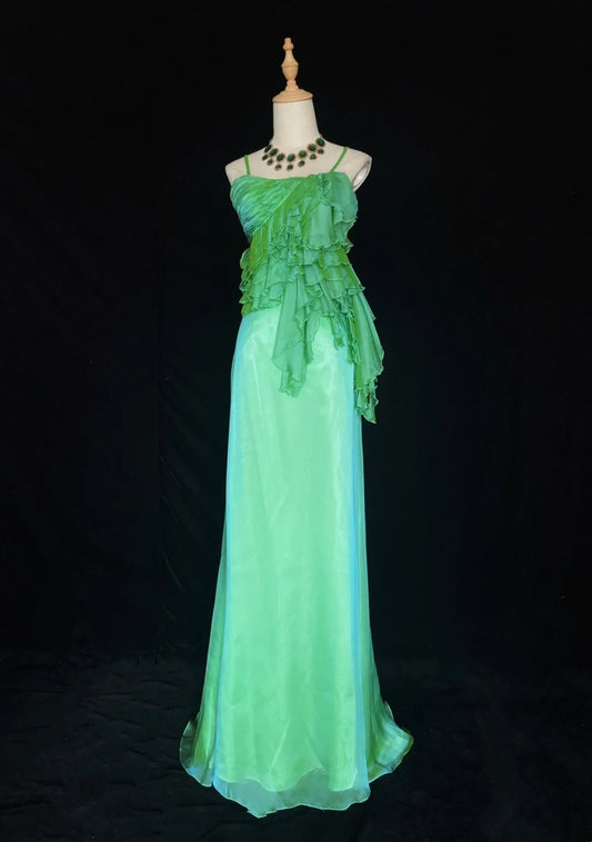 Beautiful Prom Dresses A Line Spaghetti Strap Green Chiffon With Ruffle Long Evening Outfits N3331