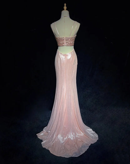 Vintage Prom Dresses Mermaid Spaghetti Strap Pink Satin 80s Long Formal Evening Outfits N3879
