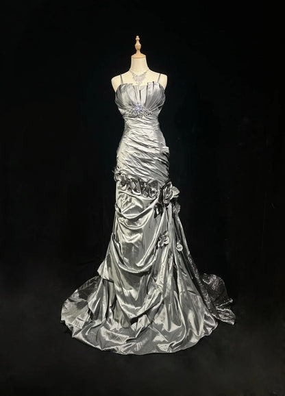 Beautiful Prom Dresses Mermaid Spaghetti Strap Silver Gray With Flowers Long Formal Evening Outfits N3684
