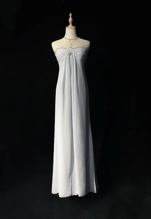 Vintage 90s Prom Dresses A Line Strapless Silver Chiffon Empire Long Prom Gown N3019