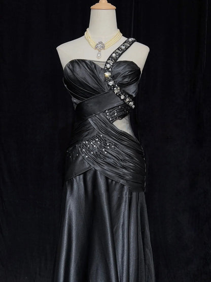 Vintage Prom Dresses 80s Mermaid One Shoulder Black Tie Dress With Beading Semi Formal Evening Outfits N3636