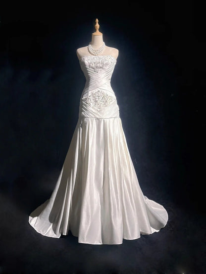 Vintage 90s Prom Dresses Mermaid Strapless White Chiffon With Ruffled Beads Long Prom Gown N3036