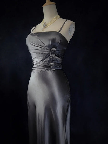 Modest Prom Dresses Mermaid Spaghetti Strap Grey Satin Long Evening Outfits N3471