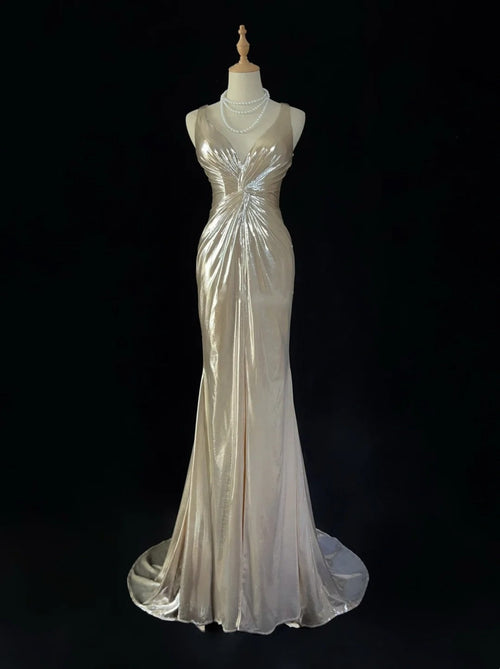 Simple Prom Dresses Mermaid V Neck Gold Sleeveless With Slit Ruffled Formal Evening Dress N3822