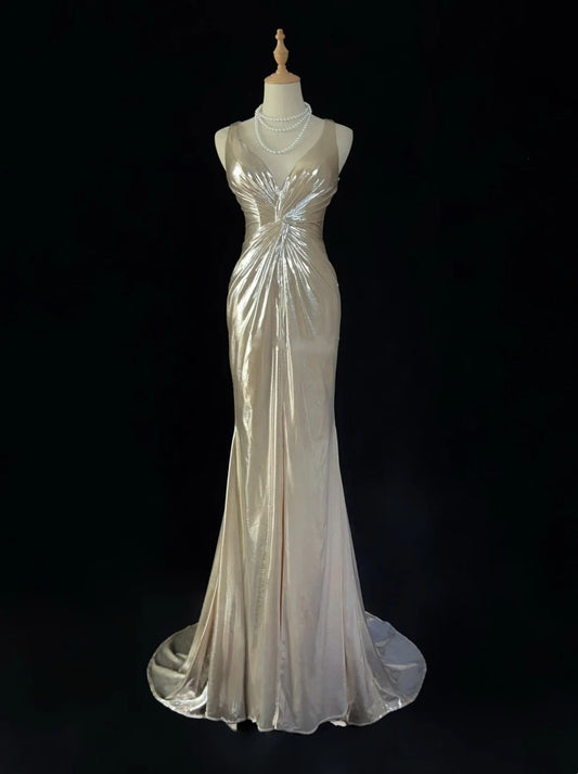 Simple Prom Dresses Mermaid V Neck Gold Sleeveless With Slit Ruffled Formal Evening Dress N3822
