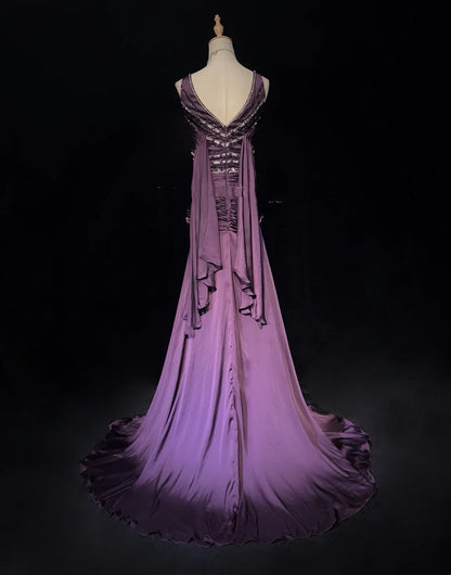 Vintage Prom Dresses Mermaid V Neck Purple Chiffon 80s With Beading Long Formal Evening Outfits N3896