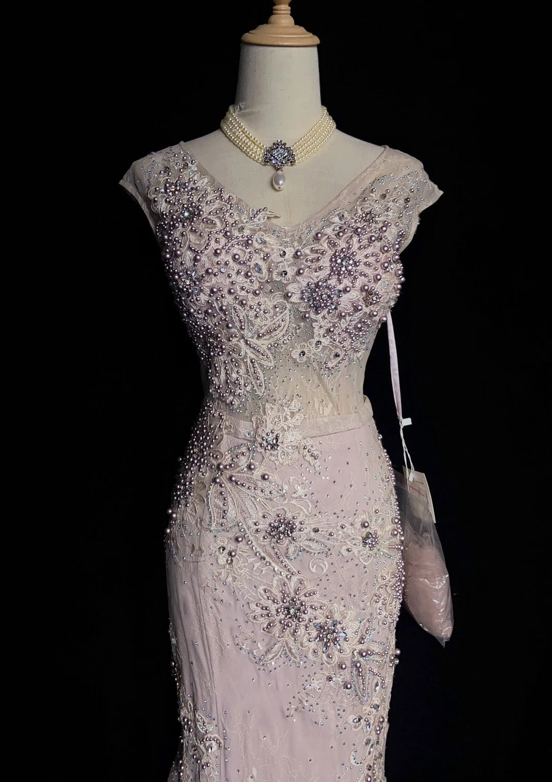 Vintage Prom Dresses 80s Mermaid V Neck Pink Lace Applique Long Formal Evening Outfits N3481