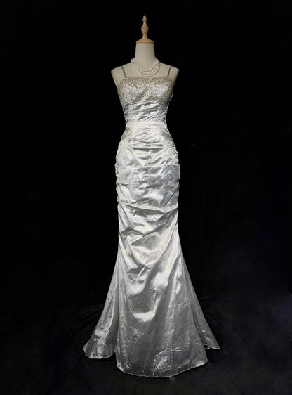Charming Prom Dresses Mermaid Spaghetti Strap Silver Gray With Beaded Long Formal Evening Outfits N3687