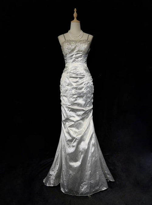 Charming Prom Dresses Mermaid Spaghetti Strap Silver Gray With Beaded Long Formal Evening Outfits N3687