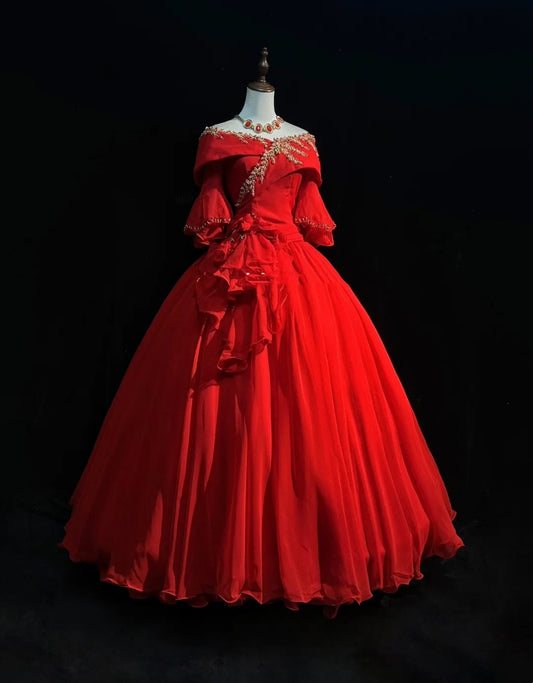 Modest Prom Dresses Ball Gown Off The Shoulder Red Tulle With Sleeves Long Quince Dress N3292