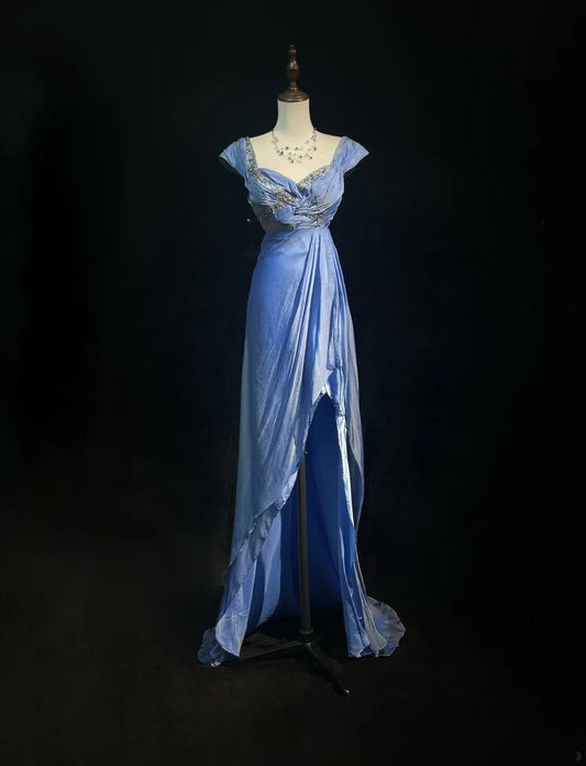 Vintage Prom Dresses A Line Sweethart Blue Chiffon With Beading Long Formal Evening Outfits N3869