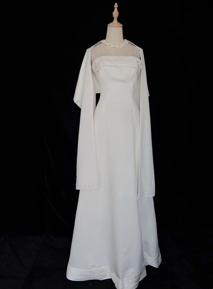 Modest Prom Dresses Inspo A line Spaghetti Strap White Satin With Cape For Women Formal Dress N3222