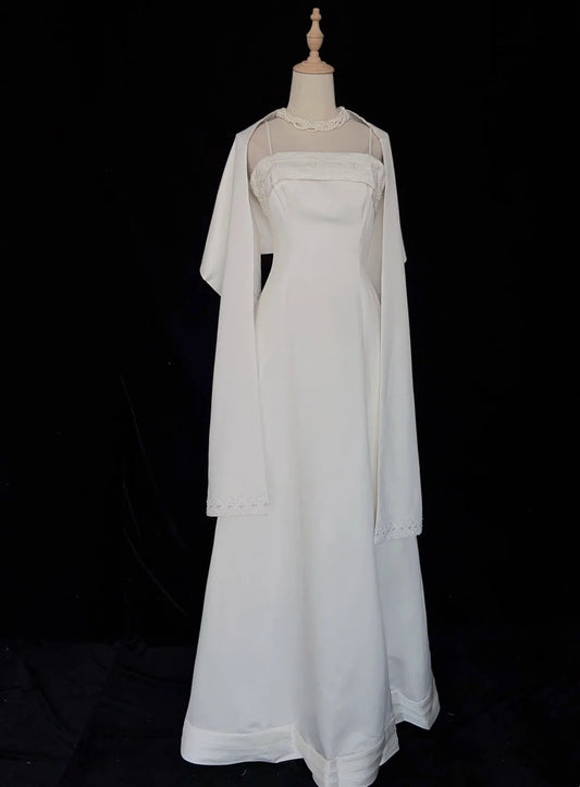 Modest Prom Dresses Inspo A line Spaghetti Strap White Satin With Cape For Women Formal Dress N3222
