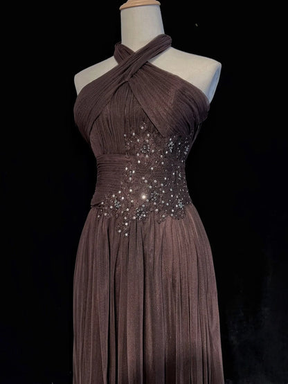Vintage Prom Dresses Inspo A Line Halter Chocolate Chiffon Long 1990s With Beading Formal Gowns N3339
