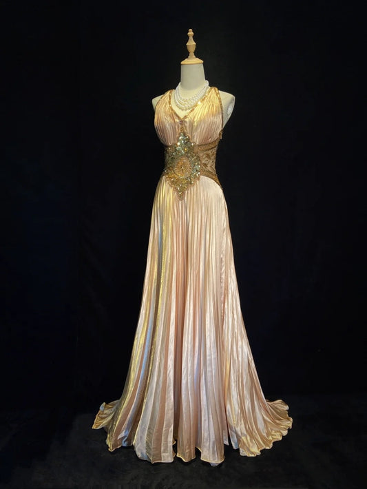 Vintage Prom Dresses 80s A Line Halter Sleeveless Gold With Beading Semi Formal Evening Outfits N3610