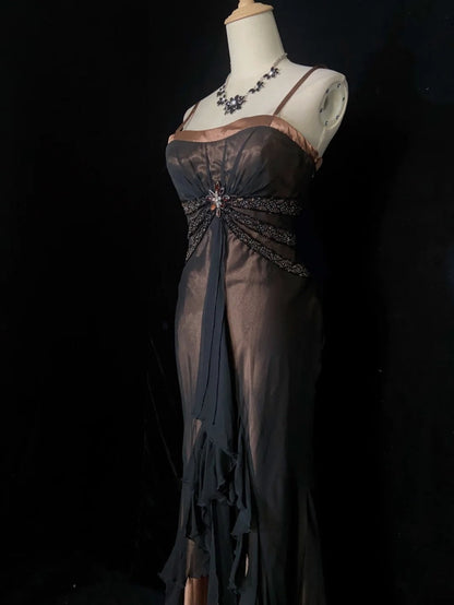 Vintage Prom Dresses Spaghetti Strap Mermaid Brown Satin Black Chiffon Long Formal Evening Outfits N3861