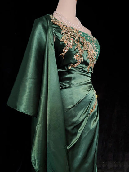 Vintage Prom Dresses Inspo Mermaid One Shoulder Dark Emerald Green 1990s With Gold Lace Formal Gowns N3320
