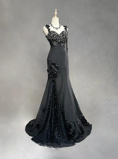 Vintage Prom Dresses Inspo Mermaid Spaghetti Strap Black Long 1990s With Beaded Appliqued Formal Gowns N3378