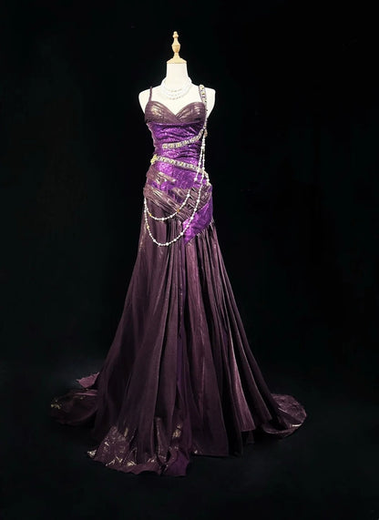 Vintage Prom Dresses 1960s Mermaid Spaghetti Strap Purple With Beaded Long Prom Gown N3117