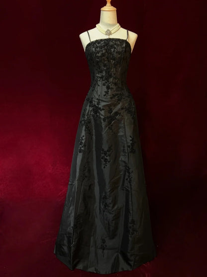 Modest Prom Dresses Inspo A line Spaghetti Strap Black Satin With Appliqued For Women Formal Dress N3214