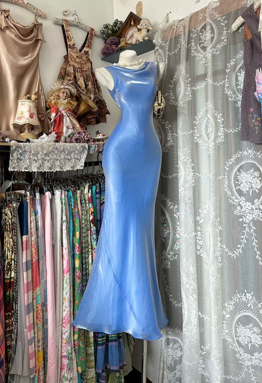 Vintage Prom Dresses 80s Mermaid Cowl Neck Blue Chiffon Evening Outfits N3476