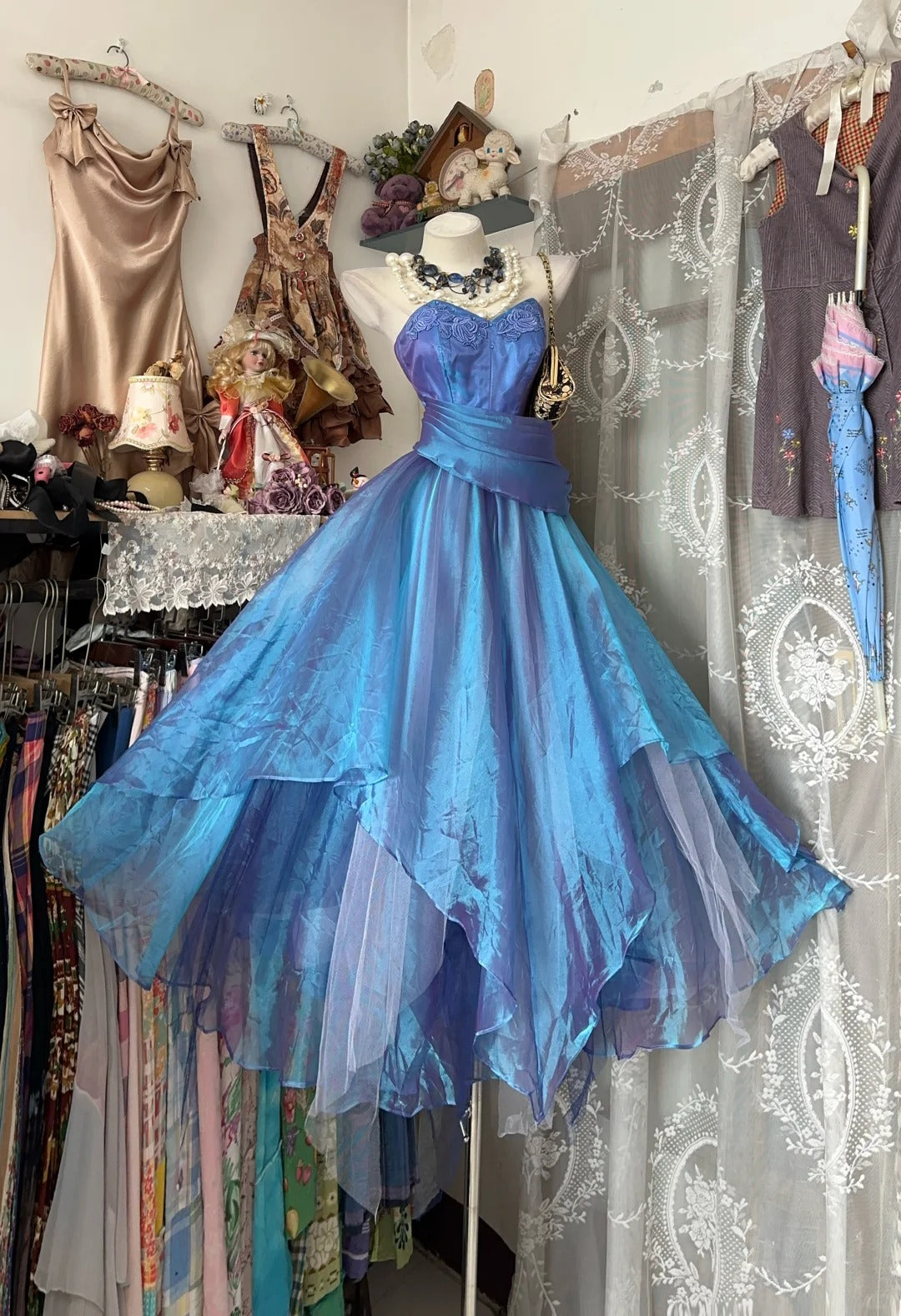 Classy Prom Dresses Ball Gown Sweetheart Blue Organza Tea Length Long Formal Evening Outfits N3769