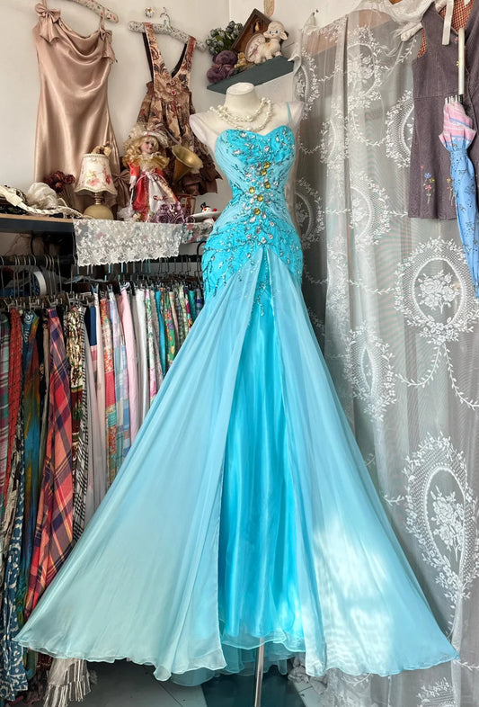 Classy Prom Dresses Mermaid Spaghetti Strap Blue Chiffon Sleeveless Formal Evening Outfits N3780