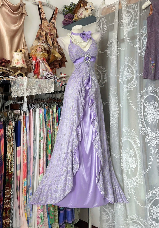 Classy Prom Dresses Mermaid Halter Lilac Lace Sleeveless Long Formal Evening Outfits N3775