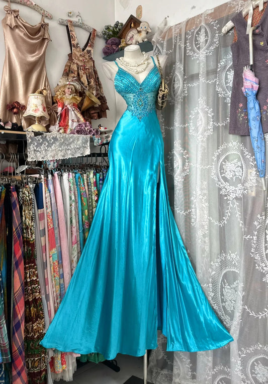 Vintage Mermaid Spaghetti Strap Blue Slit Satin Sleeveless Formal For Women Girls Teens Prom Dresses N2258