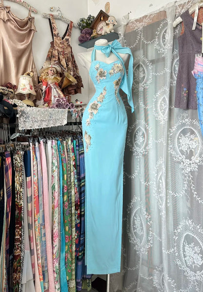 Classy Prom Dresses Sheath Halter Tiffany Blue Chiffon With Appliqued Long Formal Evening Outfits N3765