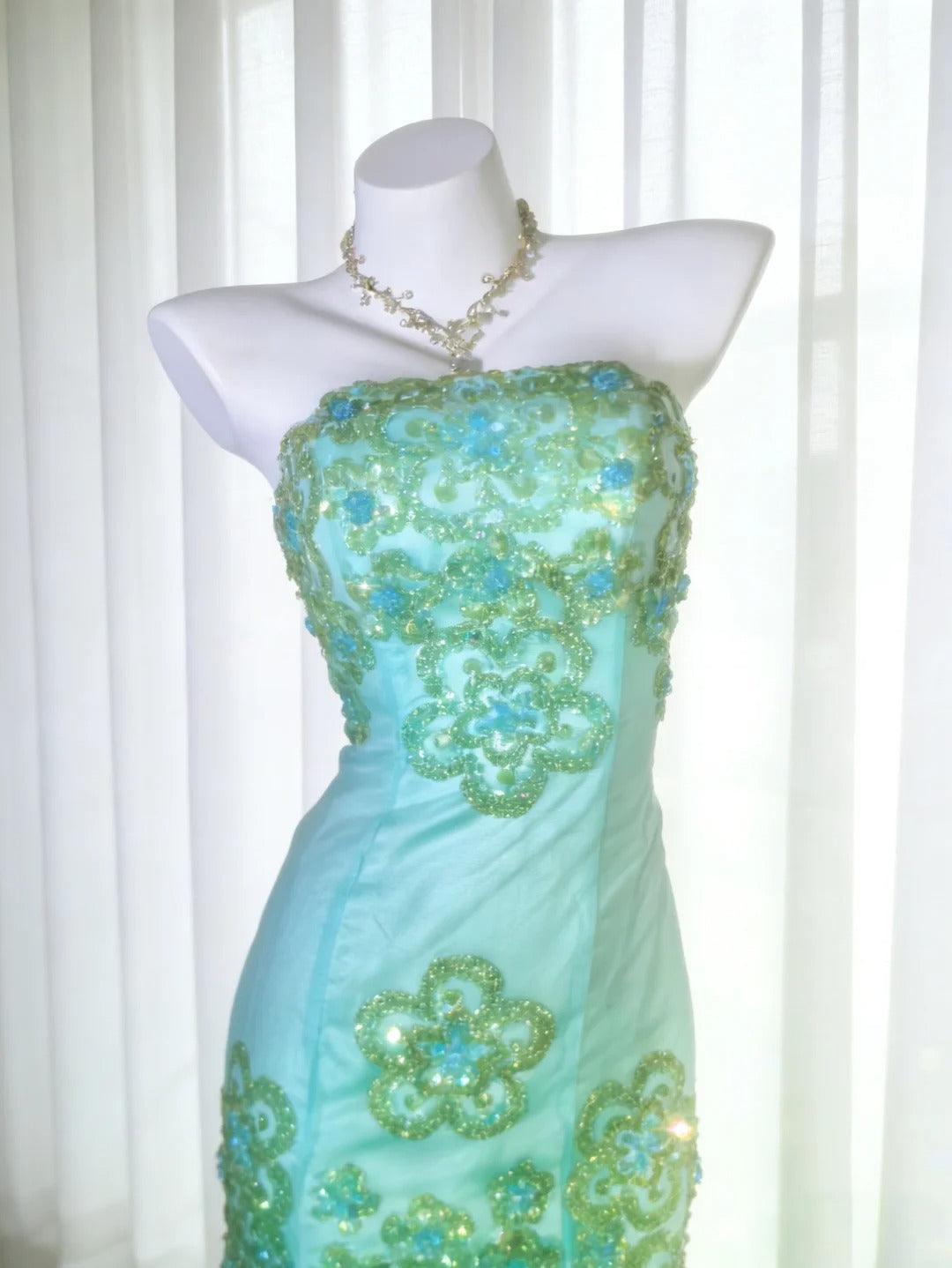 Pretty Prom Dresses Mermaid Strapless Green Lace With Beading Long Formal Dress N3041