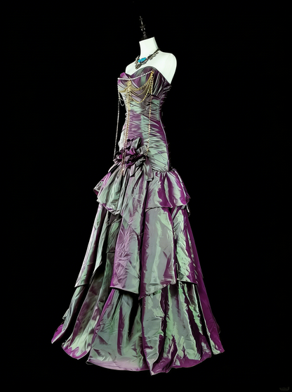 Vintage Mermaid Sweetheart Purple Taffeta 70s With Ruffles Long Prom Gown Party Wear Dresses N1846