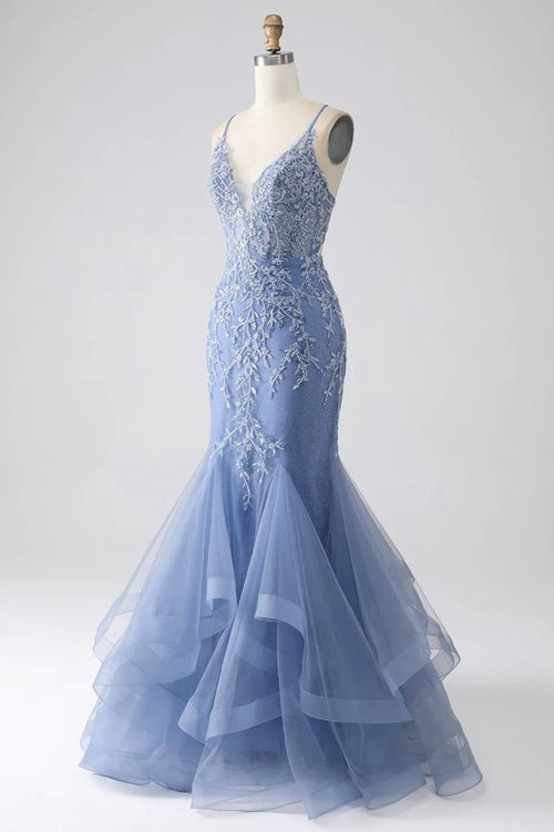 Grey Blue Mermaid Spaghetti Strap Beaded Backless Prom Dress With Appliques AB1710