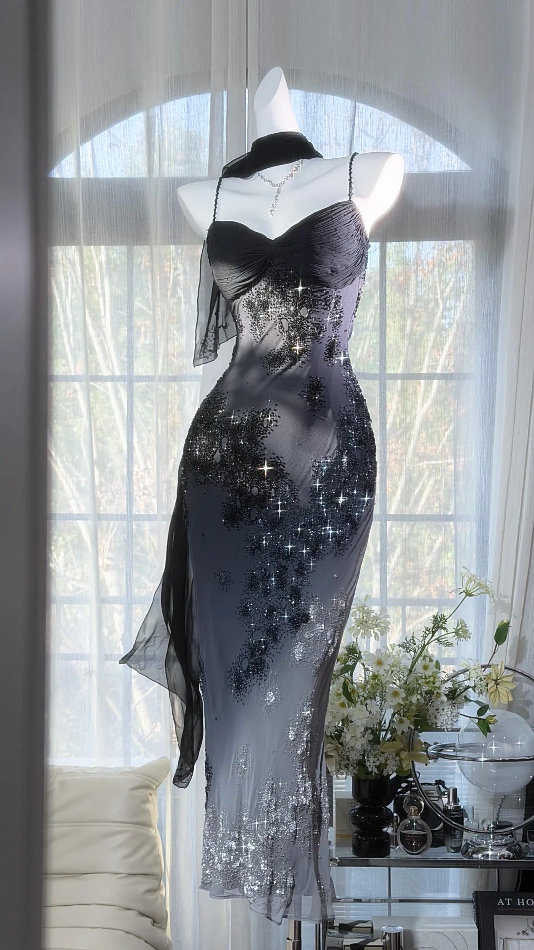 Charming Prom Dresses Mermaid Spaghetti Strap Black Chiffon Tea Length Evening Outfits N3555